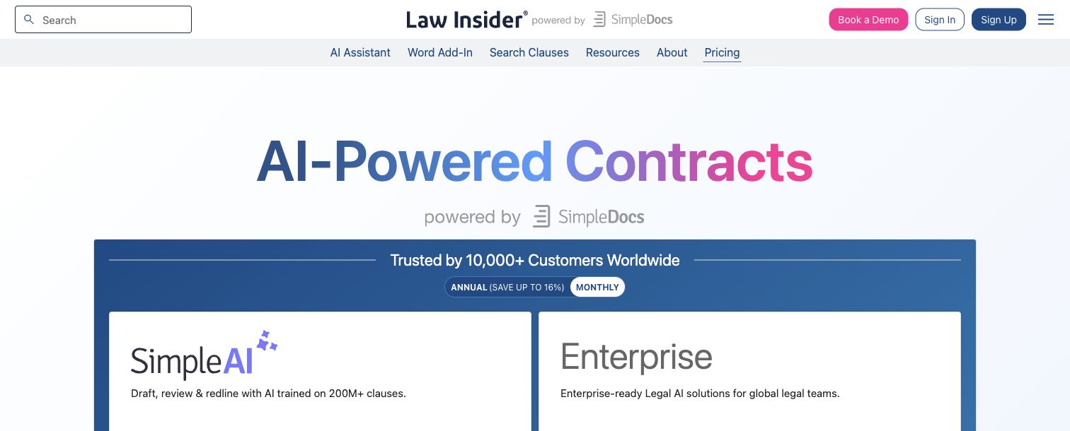 Law Insider pricing page showing SimpleAI and Enterprise subscription options